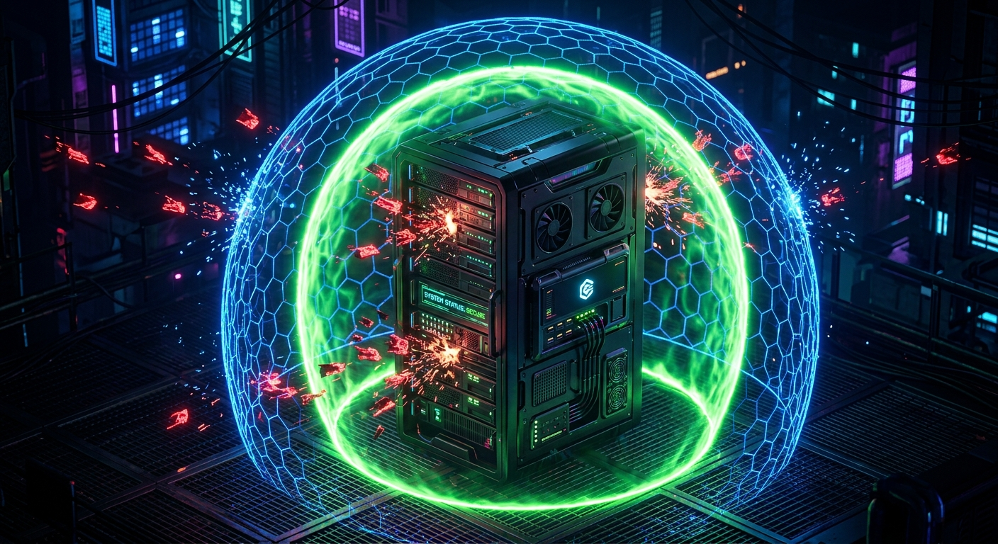 A computer server rack protected by two separate layers of digital energy shields.