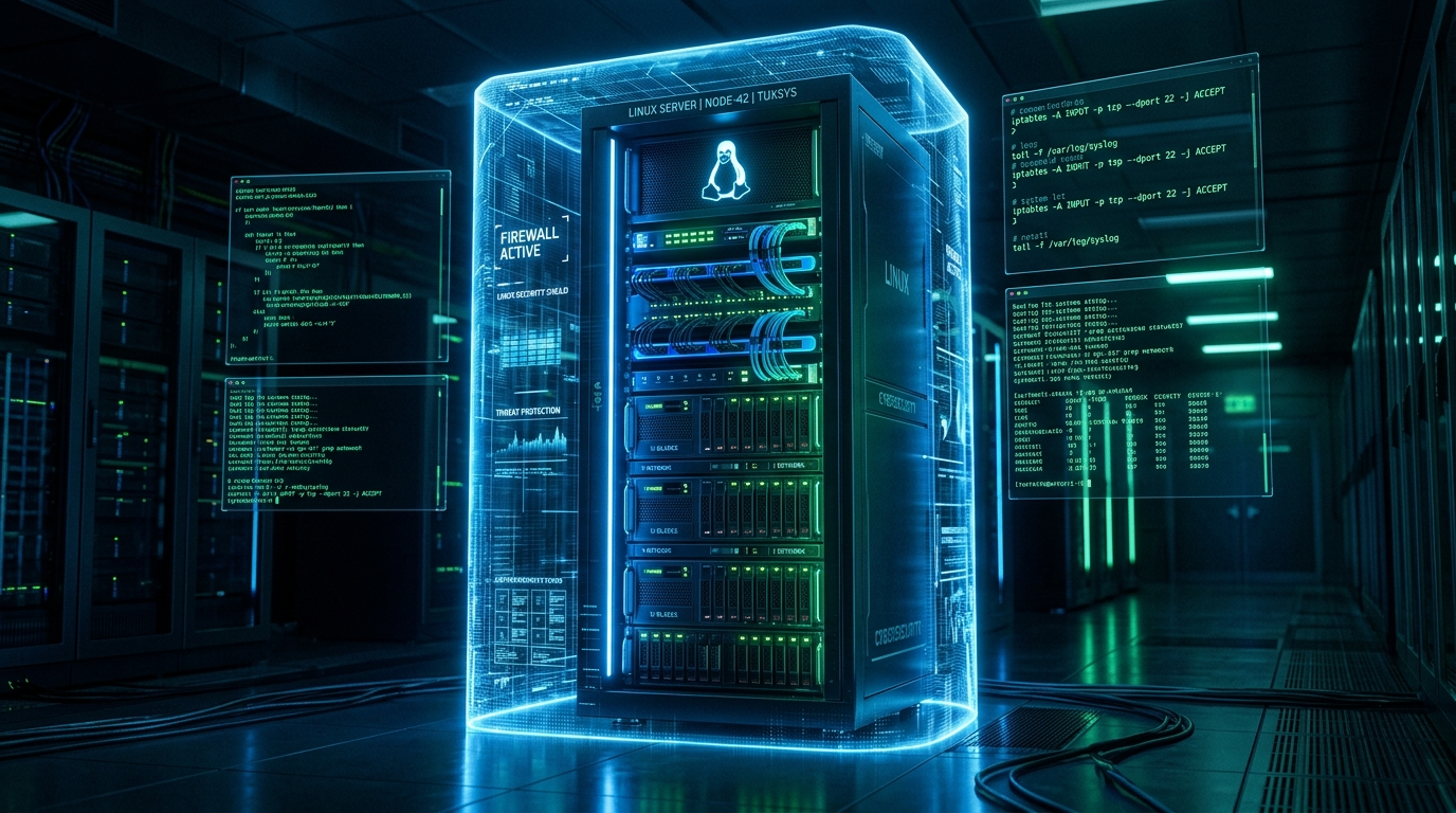 A futuristic Linux server rack protected by a glowing, advanced holographic shield